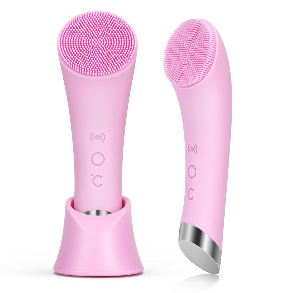 PRITECH Facial Cleansing Brush, Rechargeable Silicone Face Scrubber with Heat Massage End, Vibrating Exfoliator Scrubber for Deep Cleaning, Waterproof Face Brush for Women and Men (Pink)