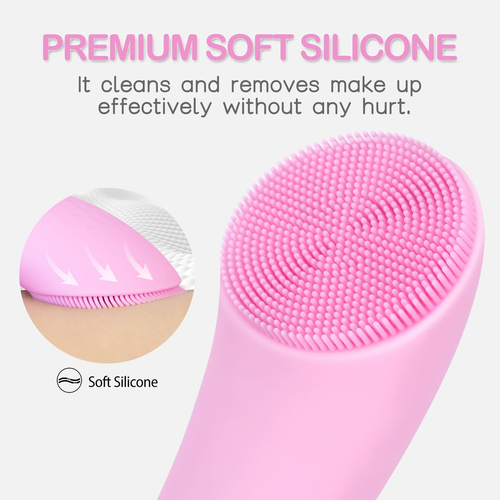 PRITECH Facial Cleansing Brush, Rechargeable Silicone Face Scrubber with Heat Massage End, Vibrating Exfoliator Scrubber for Deep Cleaning, Waterproof Face Brush for Women and Men (Pink)