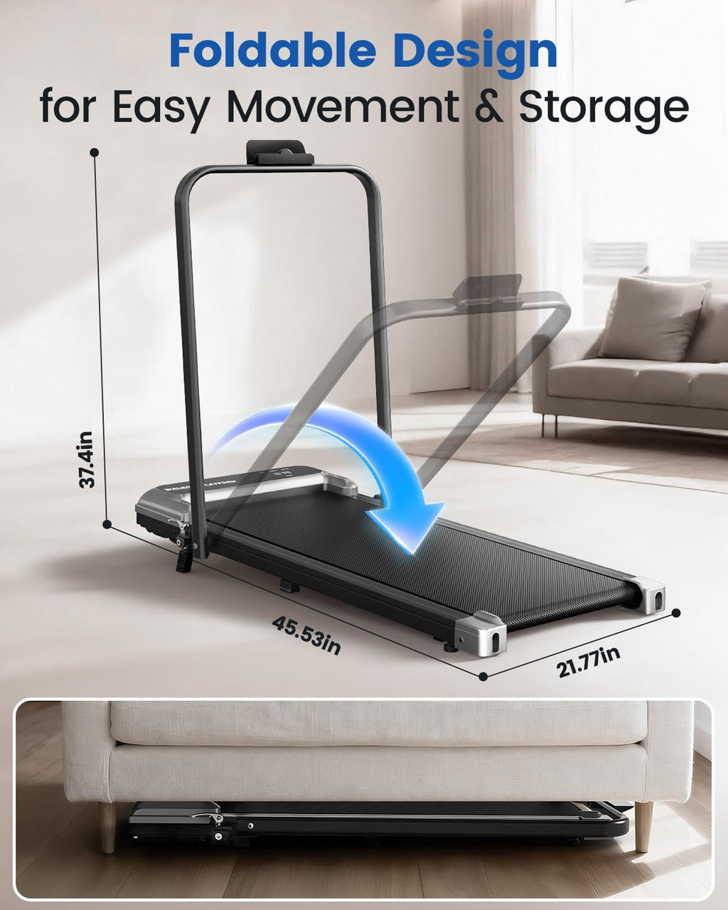 Walking Pad Treadmill with Handle Bar and Adjustable Incline, Compact Portable Treadmills for Home Office, 2.5HP Quiet Anti-Slip Under Desk Treadmills, 0.6-3.8 MPH Remote Speed Control