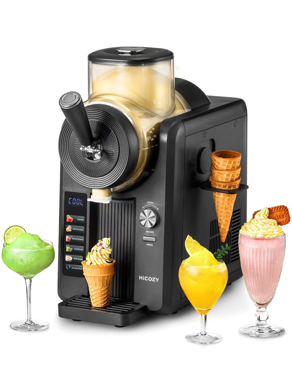 HiCOZY F3 Slushie Machine & Soft Serve Ice Cream Machine, Ice Cream Maker, No Ice Needed, Self-Cleaning, 5 Presets for Soft Serve, Frozen Drink, Milk Shake, Margaritas, Frappés and More