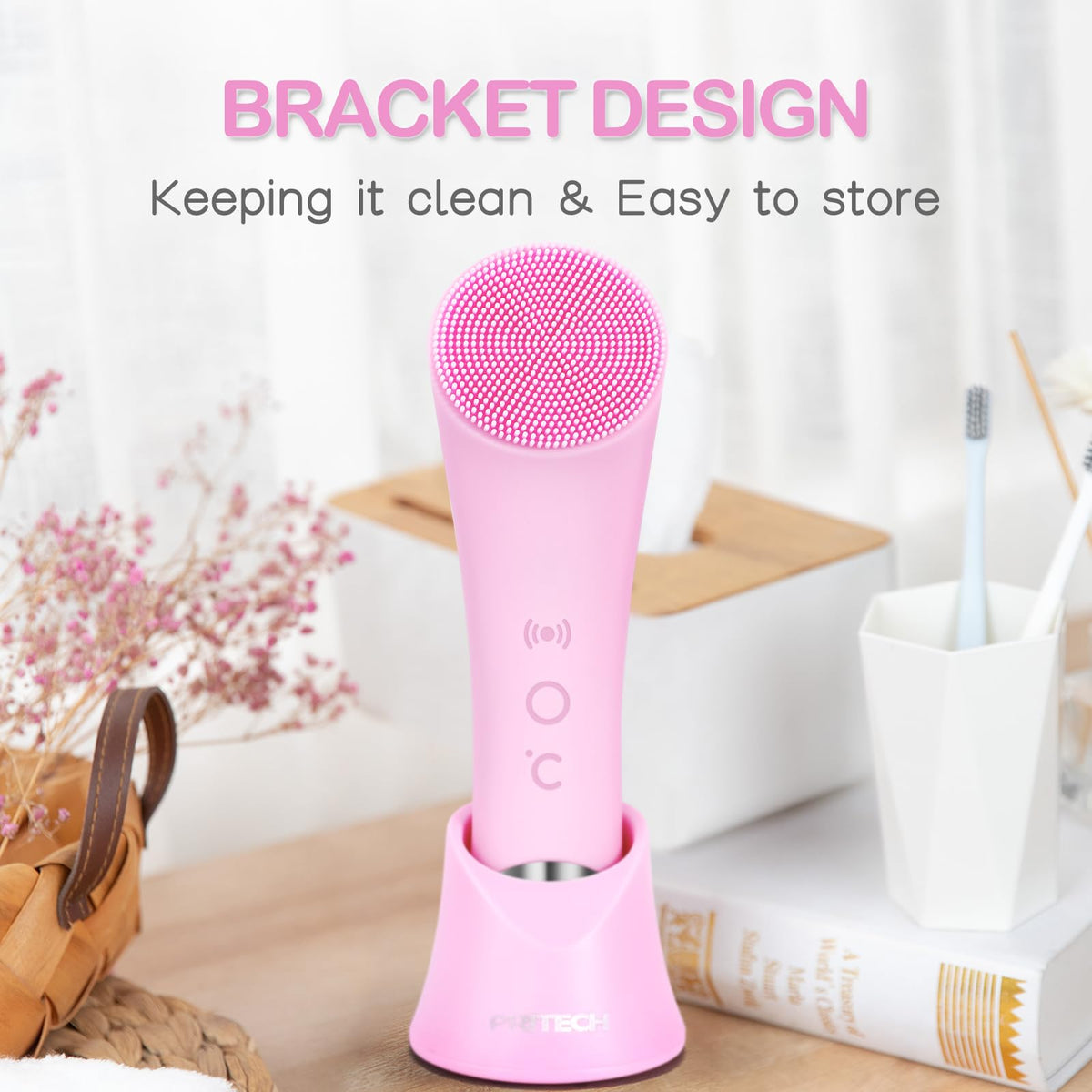 PRITECH Facial Cleansing Brush, Rechargeable Silicone Face Scrubber with Heat Massage End, Vibrating Exfoliator Scrubber for Deep Cleaning, Waterproof Face Brush for Women and Men (Pink)
