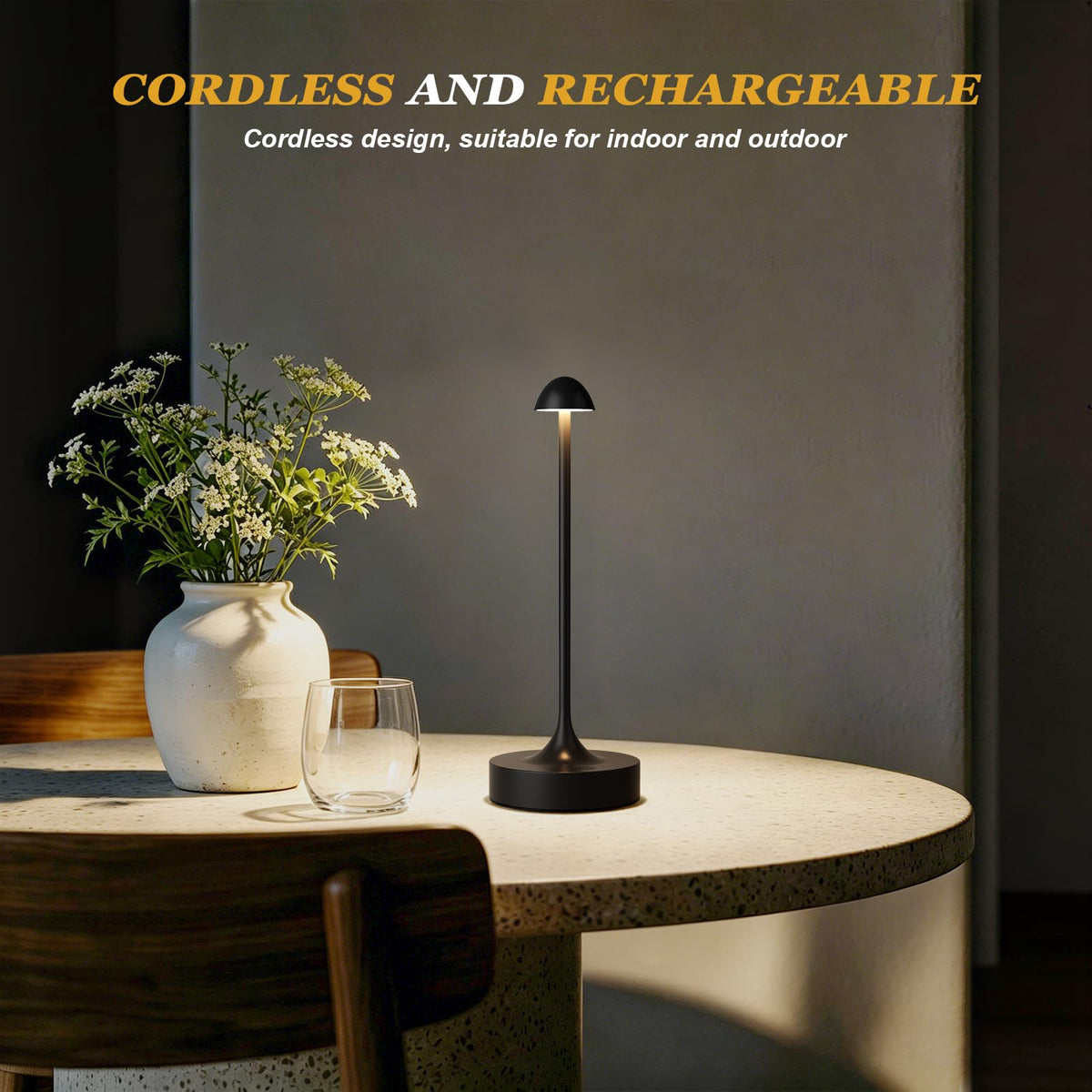Kakanuo Rechargeable Cordless Table Lamp, Battery Operated Lamps, 3-Color Stepless Dimming, Portable Wireless Desk Lamp, LED Lighting for Dining Room, Restaurant, Office, Bar, Home(Black 2 Pack)