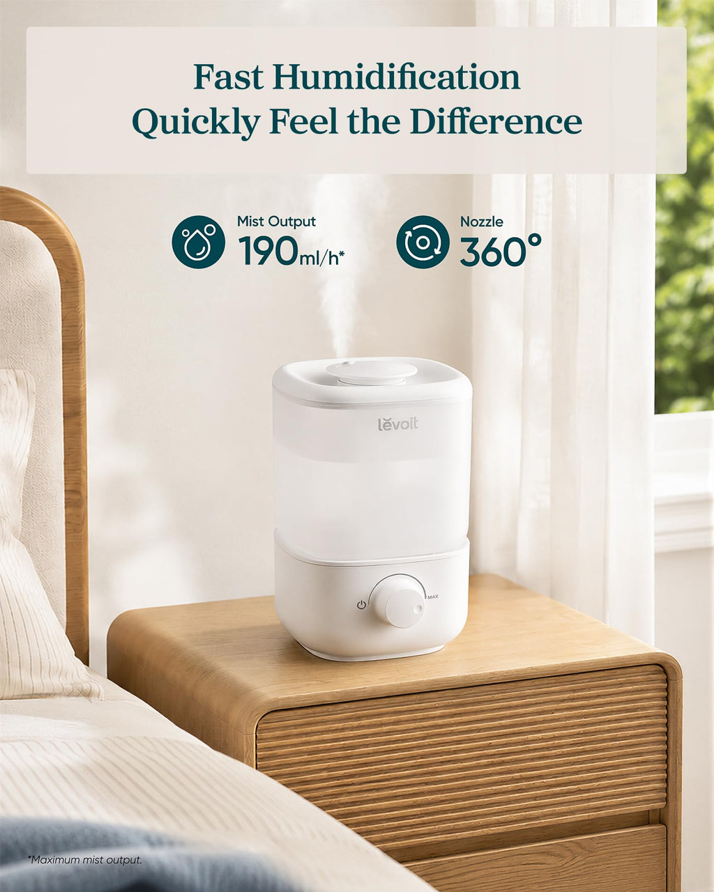 Levoit Top Fill Humidifiers for Bedroom, 2.5L Tank for Large Room, 25dB
