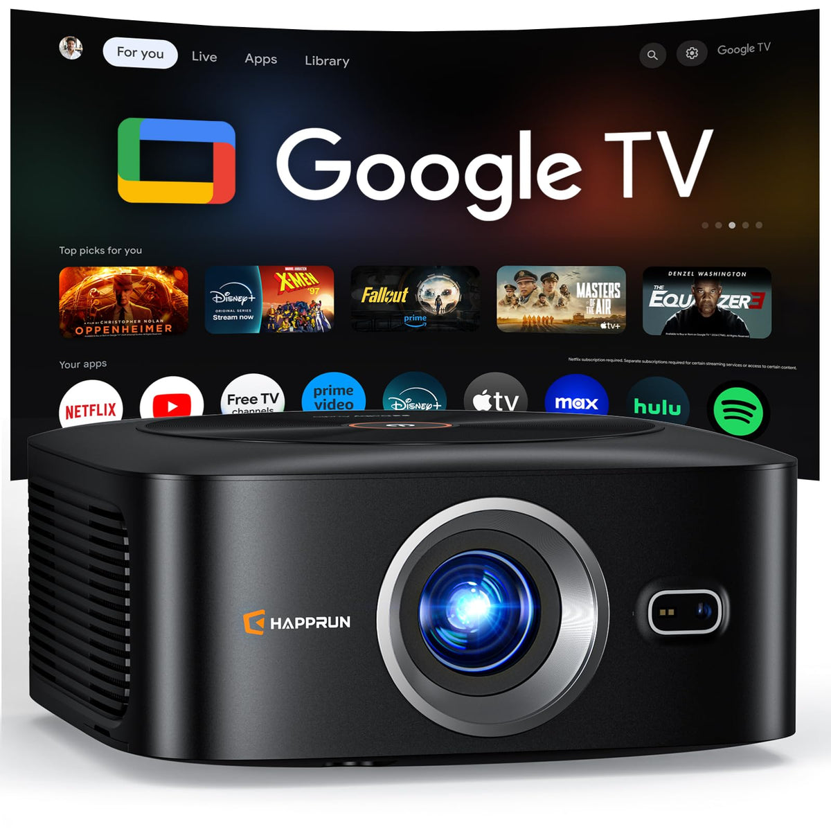 HAPPRUN 1500 ANSI Lumens Outdoor Projector with Official Google TV