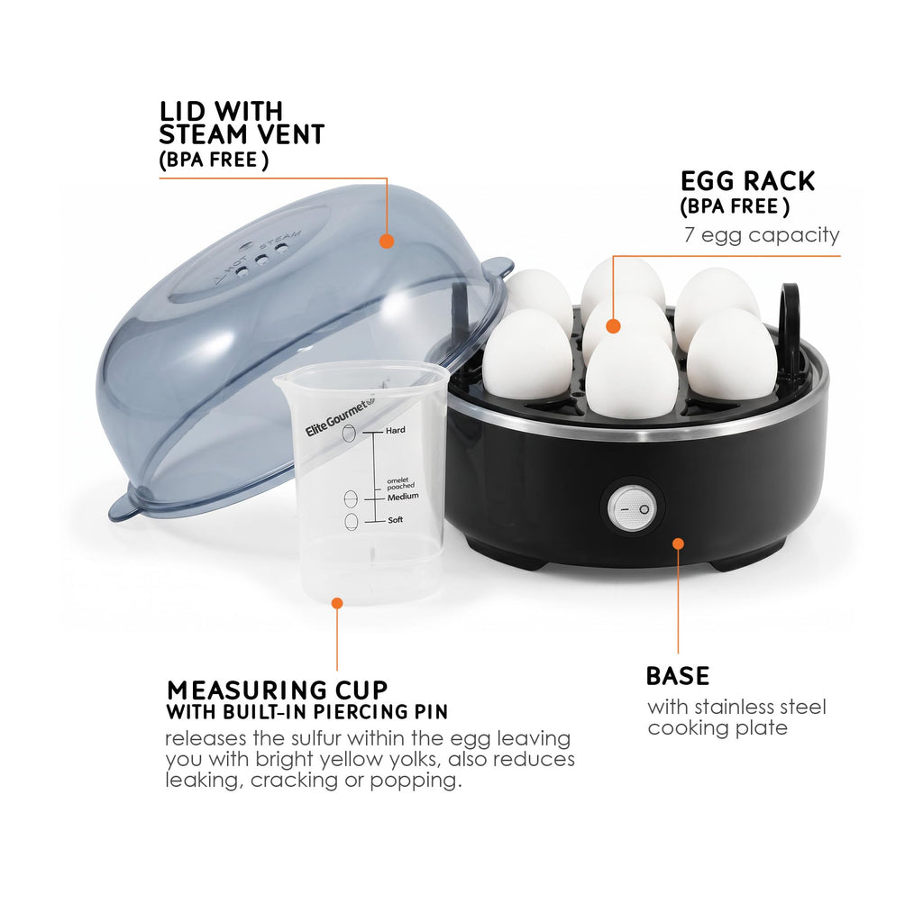 Elite Gourmet EGC115B Easy Egg Cooker, 7-Egg, BPA-Free, Classic Black