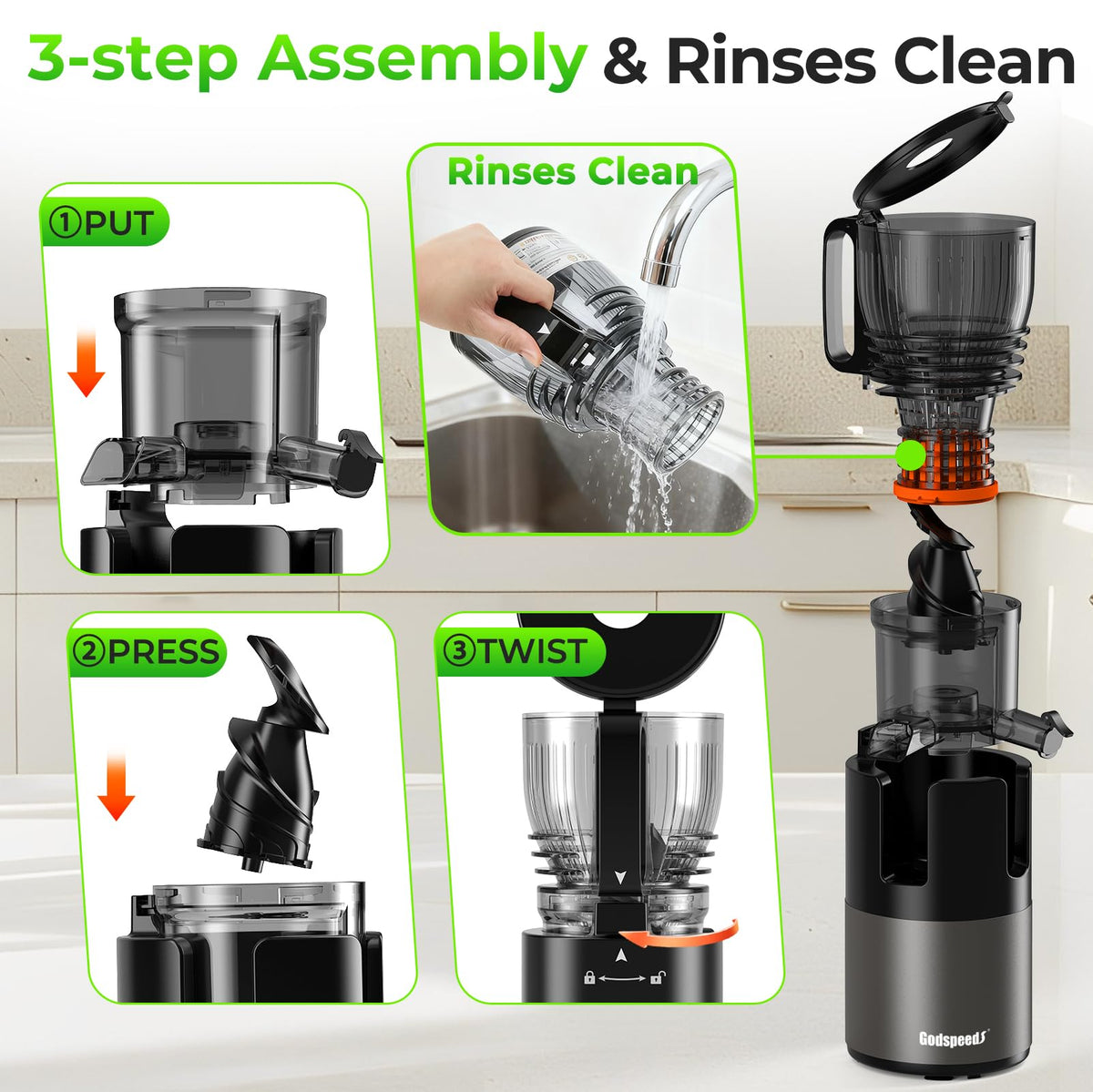 Godspeeds Juicer Machines, 6" Large Feed Chute Cold Press Juicer