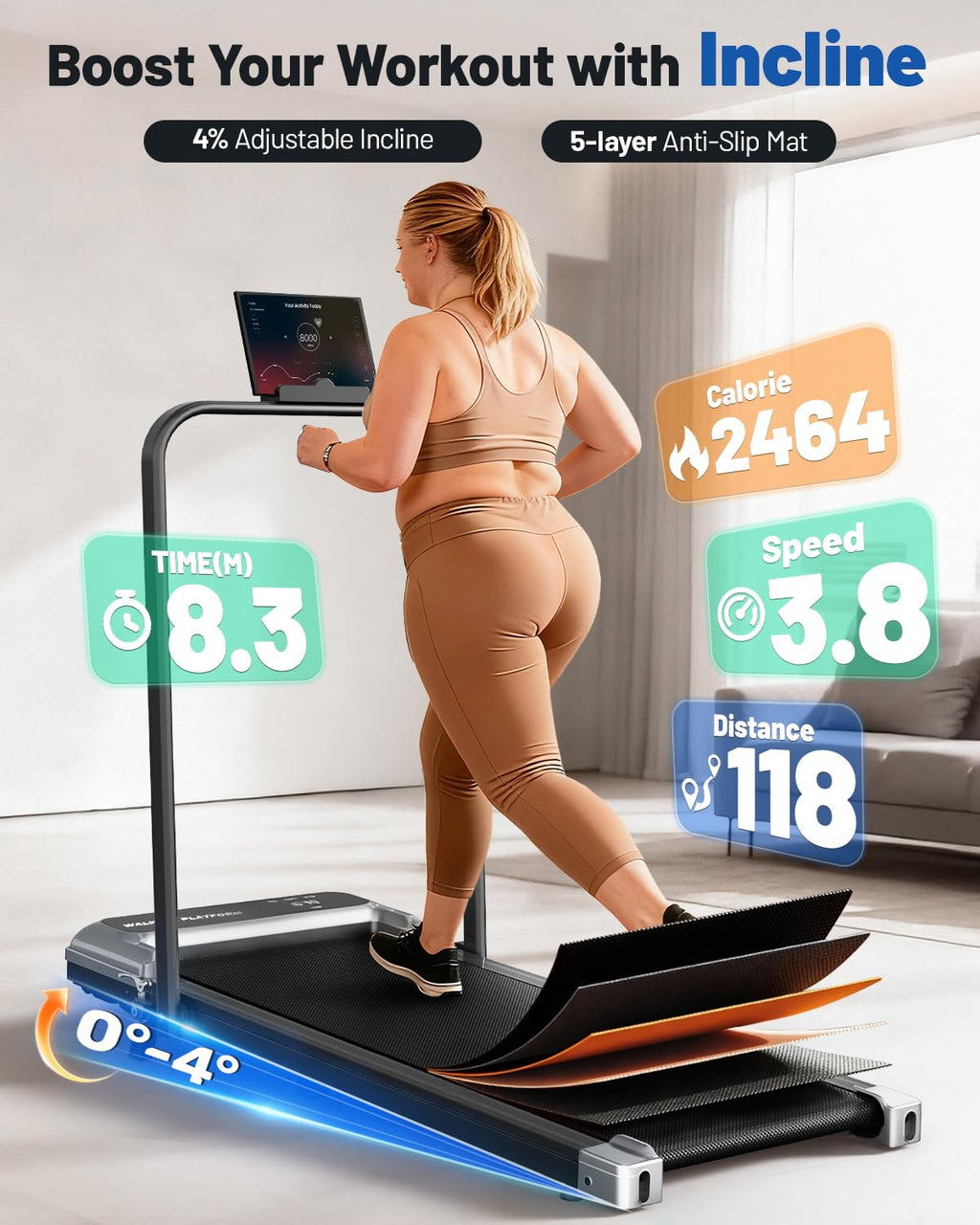 Walking Pad Treadmill with Handle Bar and Adjustable Incline, Compact Portable Treadmills for Home Office, 2.5HP Quiet Anti-Slip Under Desk Treadmills, 0.6-3.8 MPH Remote Speed Control