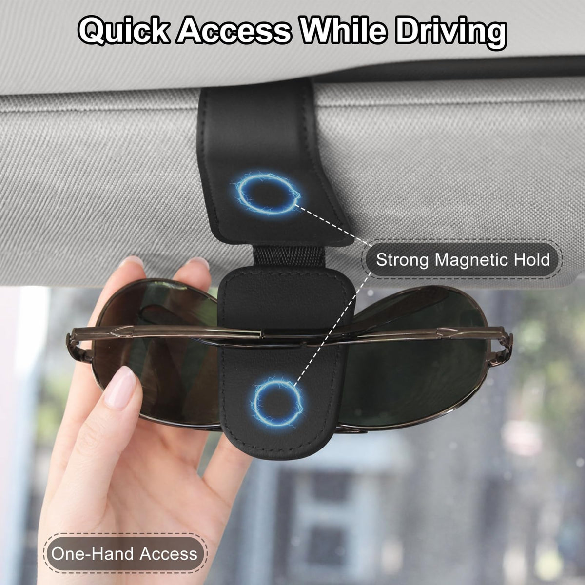 CHOSMOYI Magnetic Leather Sunglass Holder for Car, Sunglasses Clip for Car Visor, Auto Interior Accessories Universal for Different Size Eyeglasses (Black)