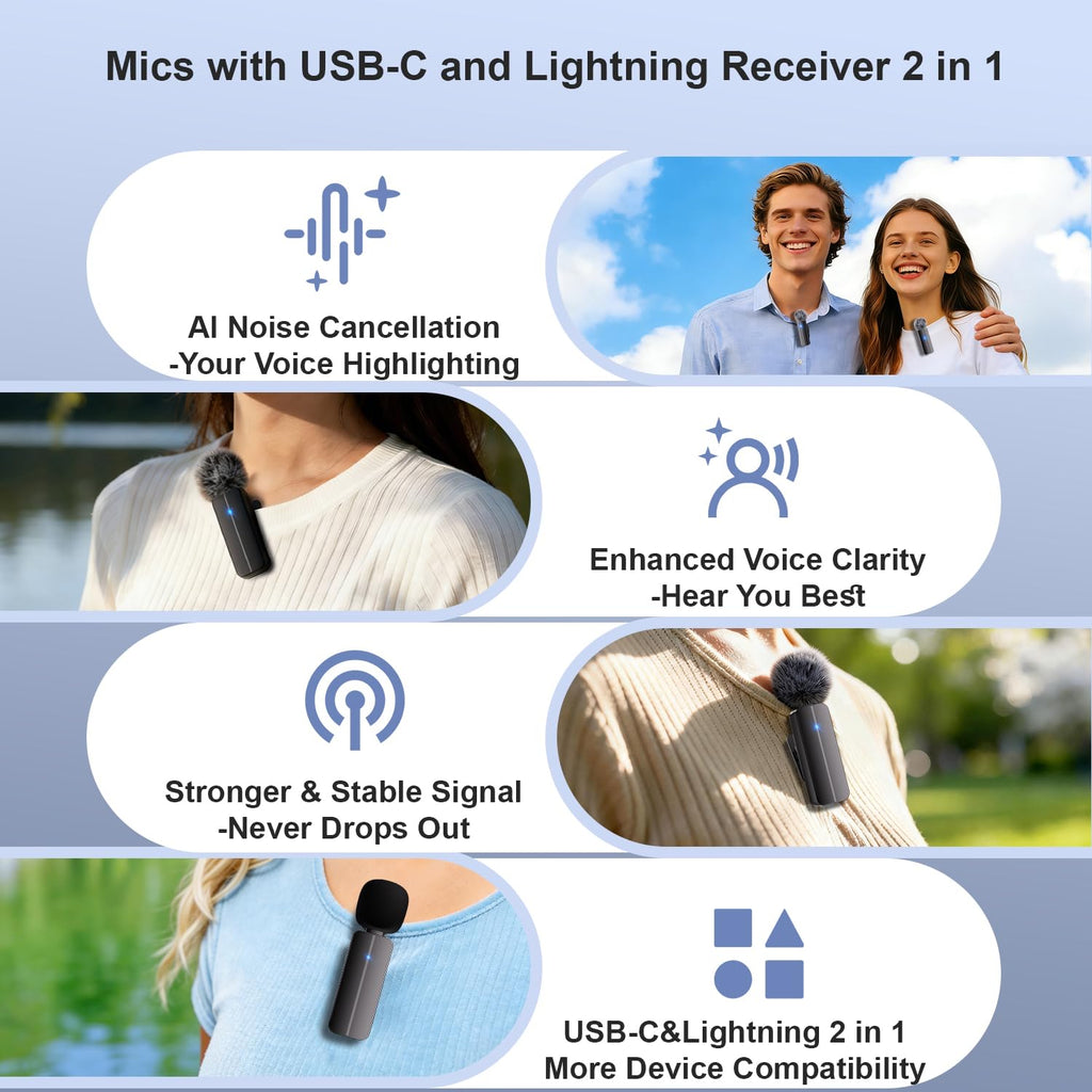 2-Pack Wireless Mini Lavalier Lapel Microphone for iPhone, Android(2 in 1)
