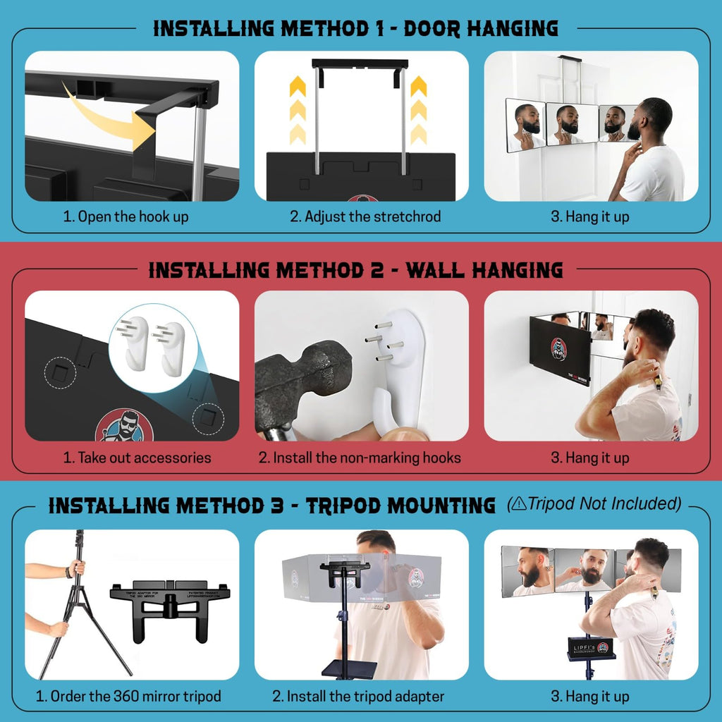 The 360 Mirror - 3 Way Mirror for Self Hair Cutting - Adjustable Trifold Barber Miror to Cut Your Own Hair - Tri Fold Self Haircut System for Men and Women Braiding - Three Sided Miror for Haircuts