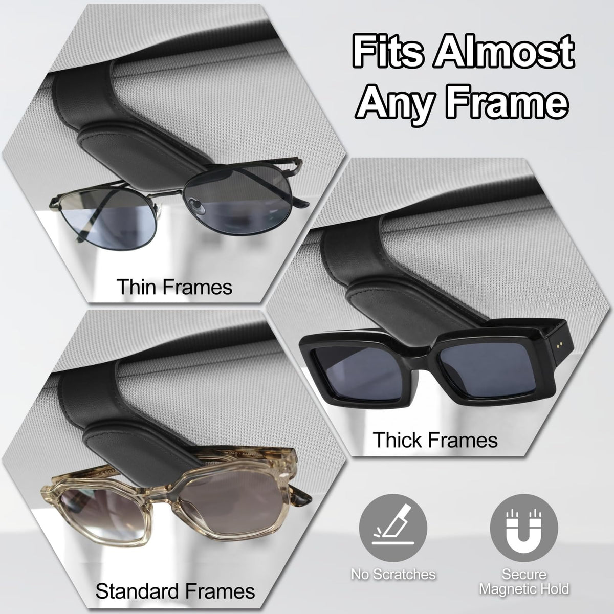CHOSMOYI Magnetic Leather Sunglass Holder for Car, Sunglasses Clip for Car Visor, Auto Interior Accessories Universal for Different Size Eyeglasses (Black)