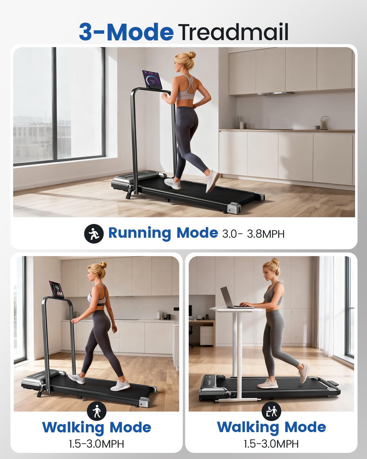 Walking Pad Treadmill with Handle Bar and Adjustable Incline, Compact Portable Treadmills for Home Office, 2.5HP Quiet Anti-Slip Under Desk Treadmills, 0.6-3.8 MPH Remote Speed Control