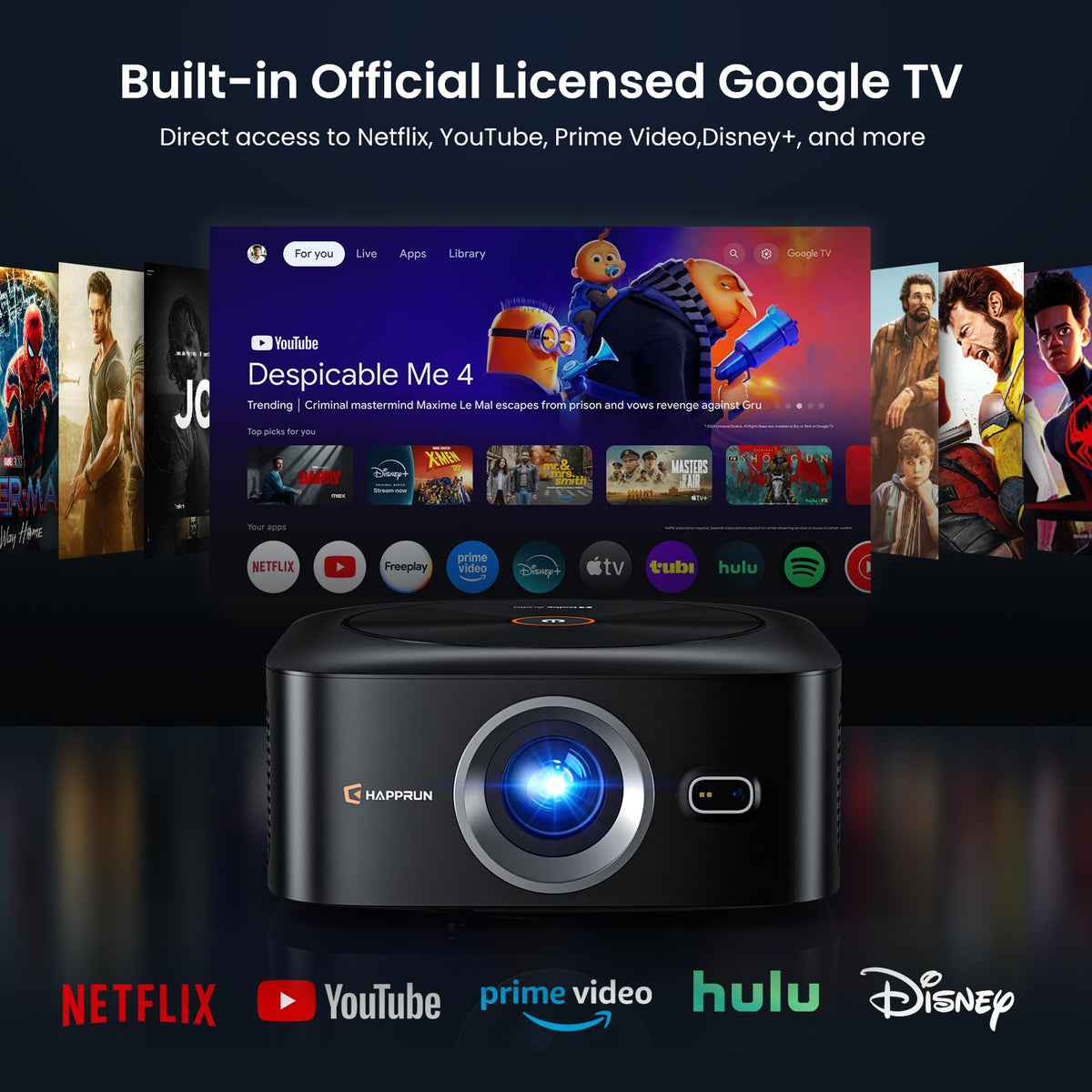 HAPPRUN 1500 ANSI Lumens Outdoor Projector with Official Google TV