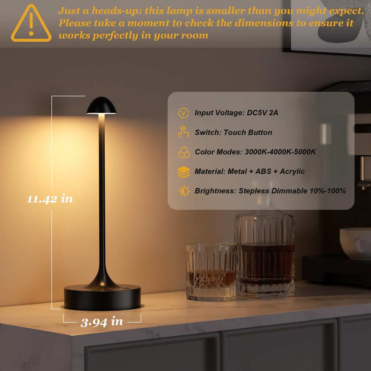 Kakanuo Rechargeable Cordless Table Lamp, Battery Operated Lamps, 3-Color Stepless Dimming, Portable Wireless Desk Lamp, LED Lighting for Dining Room, Restaurant, Office, Bar, Home(Black 2 Pack)