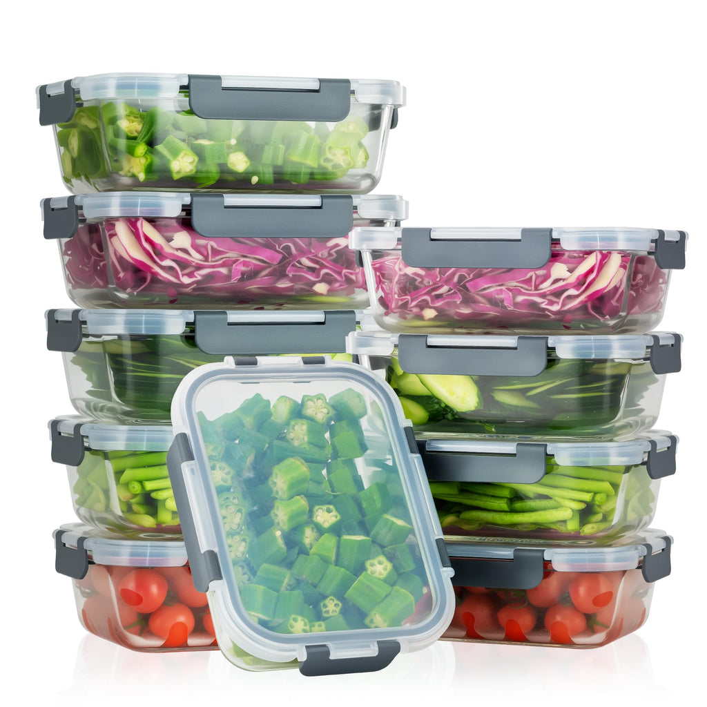 WWYH.DSS 10-Pack Meal Prep Containers with Snap Locking Lids, Glass Airtight Lunch, Food Storage Containers, Microwave, Oven, Freezer and Dishwasher Friendly, Gray
