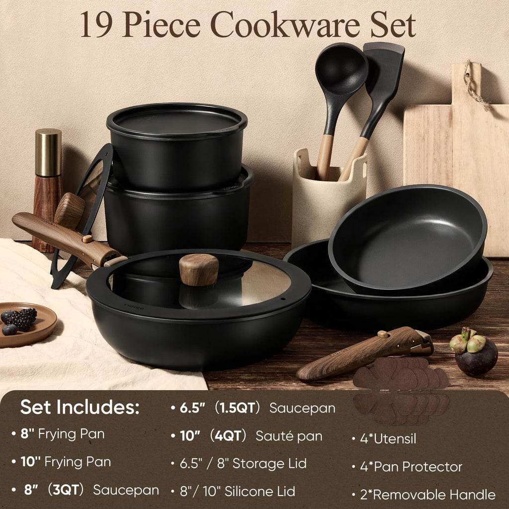 CAROTE 19pcs Pots and Pans Set Non Stick, Detachable Handle Cookware Set