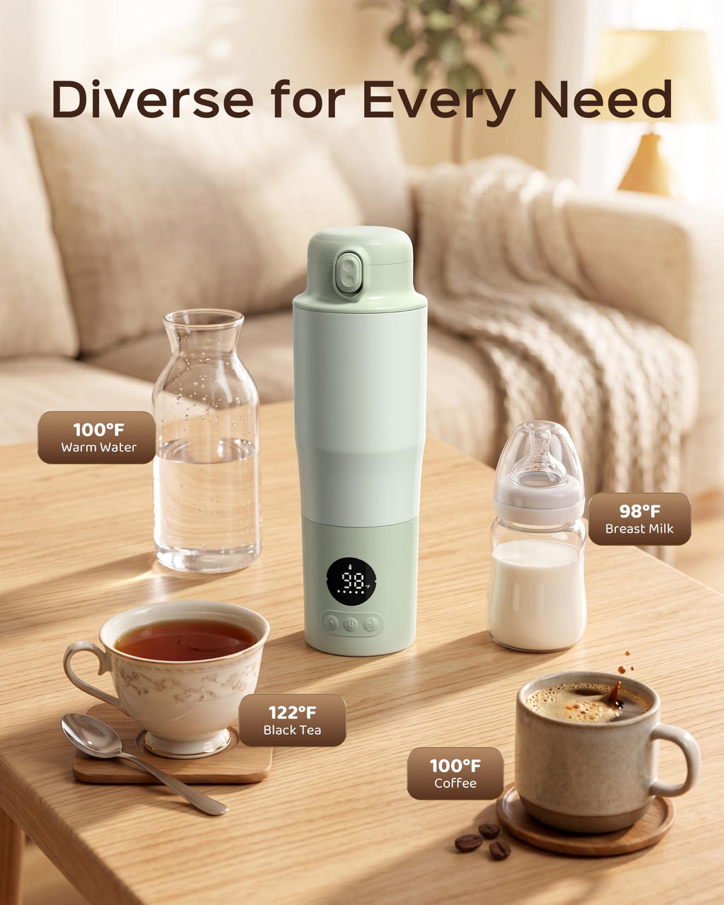 Portable Bottle Warmer for Travel – 3.94” Wide Mouth for Easy Cleanup, Dual Modes for Breast Milk & Water, Precise Temp & Long Battery Life, Ideal Baby Essentials for New Moms & Outdoor Use