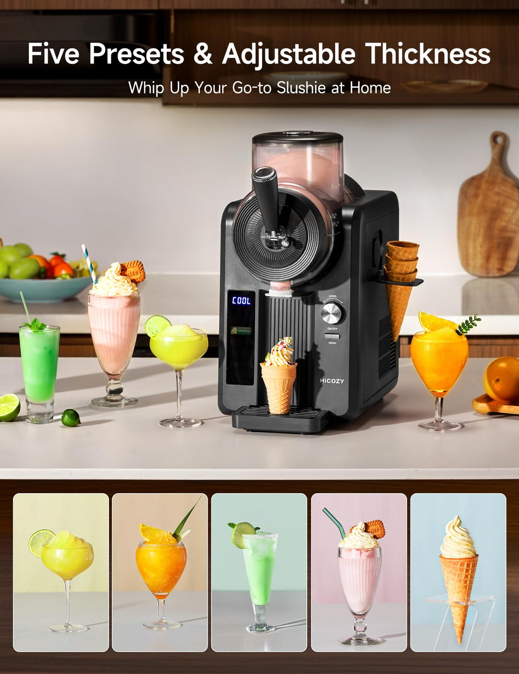 HiCOZY F3 Slushie Machine & Soft Serve Ice Cream Machine, Ice Cream Maker, No Ice Needed, Self-Cleaning, 5 Presets for Soft Serve, Frozen Drink, Milk Shake, Margaritas, Frappés and More