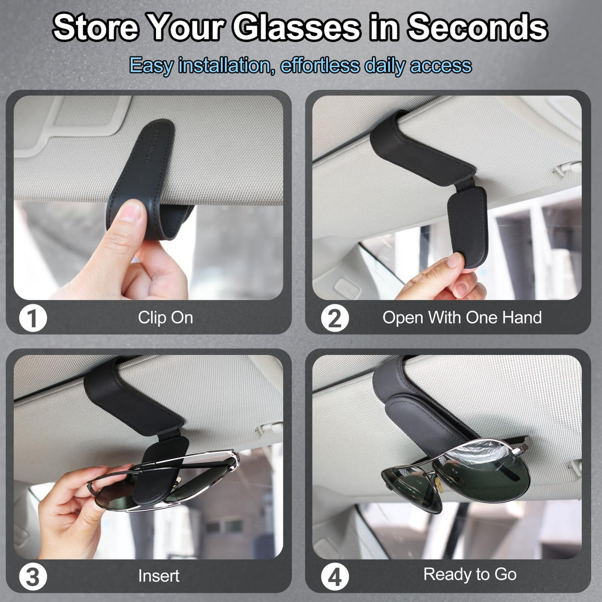 CHOSMOYI Magnetic Leather Sunglass Holder for Car, Sunglasses Clip for Car Visor, Auto Interior Accessories Universal for Different Size Eyeglasses (Black)