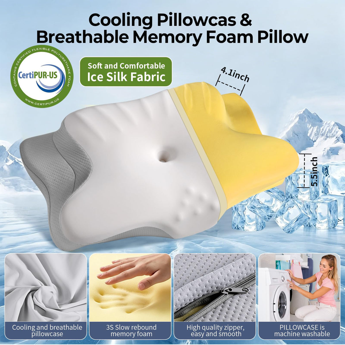 Ylekto Cervical Neck Pillow for Pain Relief - Contour Memory Foam Pillows for Sleeping, Ergonomic Pillow Side Sleeper Pillow for Neck Support, Bed Pillow for Side Back Stomach Sleepers(Grey)