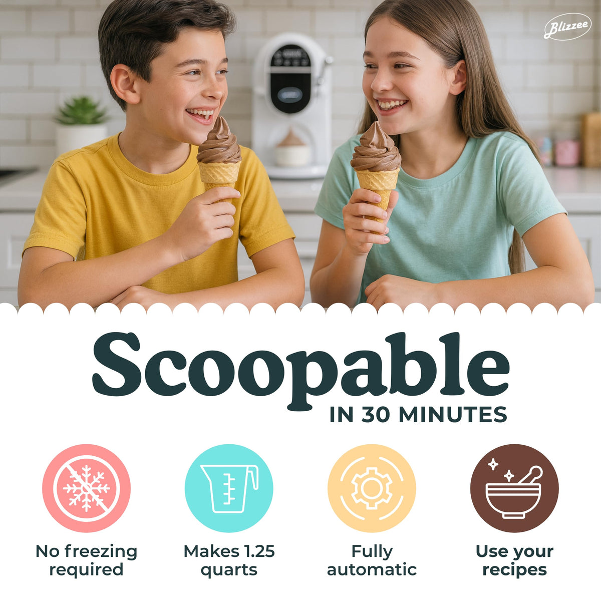 BLIZZEE Soft Serve Ice Cream Machine 1.25Qt | No Pre-Freezing Countertop Ice Cream Maker for Home | Built-In Compressor | Adjustable Hardness, LED Display | Frozen Yogurt, Gelato, Dairy Free